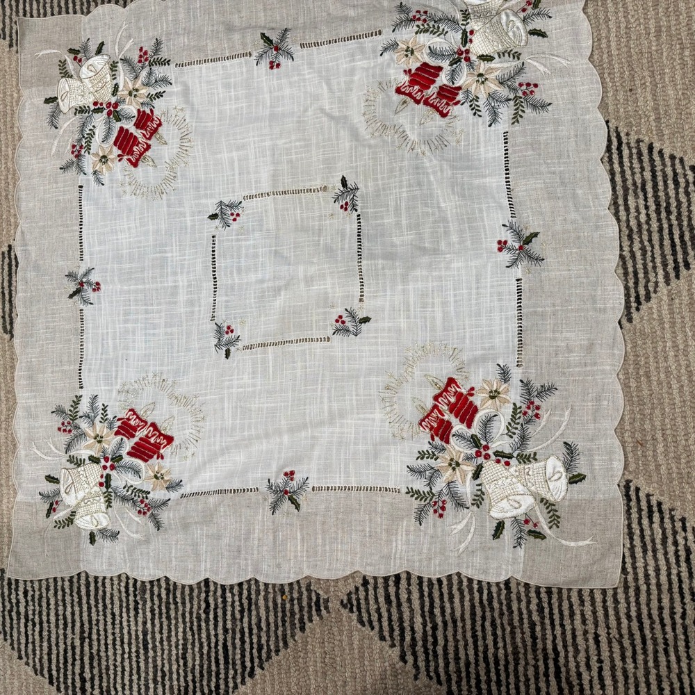Vintage Embroidered Christmas Tablecloth Bells Poinsettia Holly Hemstitch 33x33 - Picture 6 of 12